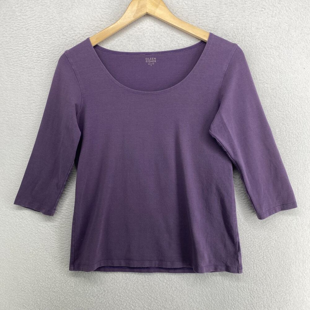 EILEEN FISHER Top S Stretch Organic Cotton Jersey Boatneck 3/4 Sleeve Purple USA
